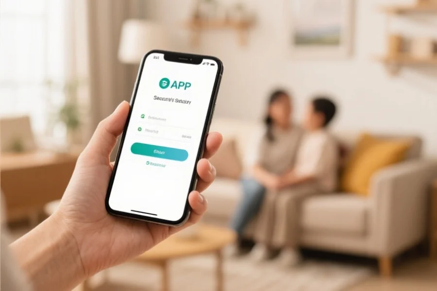 一只手正在使用手机APP，屏幕显示安全验证界面，背景是温馨的家庭环境